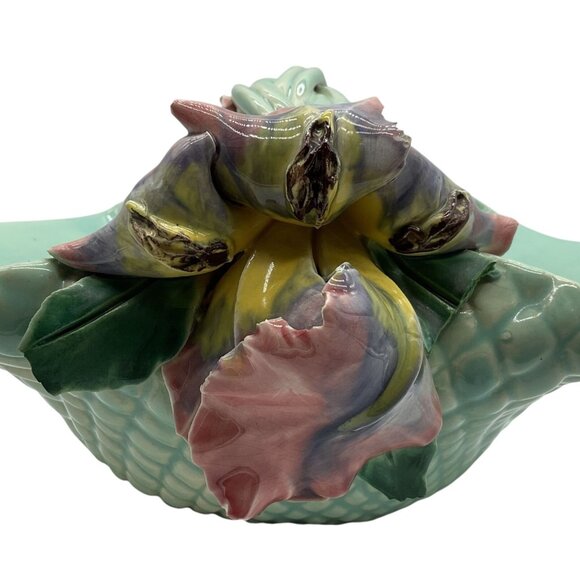 Handmade Ceramic Basket Bowl With Floral Handle Green With Lilies 10.5"x 5" - Picture 8 of 10